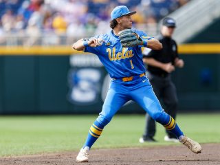 Roch Cholowsky (1) UCLA Bruins vs LSU Tigers in the continuation game eight of the 2025 NCAA Men’s College World Series at Charles Schwab Field in Omaha, Nebraska on Tuesday, June 17, 2025 (Photo by Eddie Kelly/ ProLook Photos)